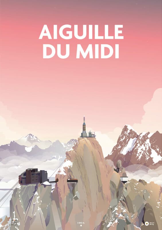 affiche avec une illustration représentant la montagne de l'aiguille du midi avec un ciel rose en fond