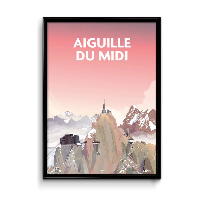 affiche avec une illustration représentant la montagne de l'aiguille du midi avec un ciel rose en fond